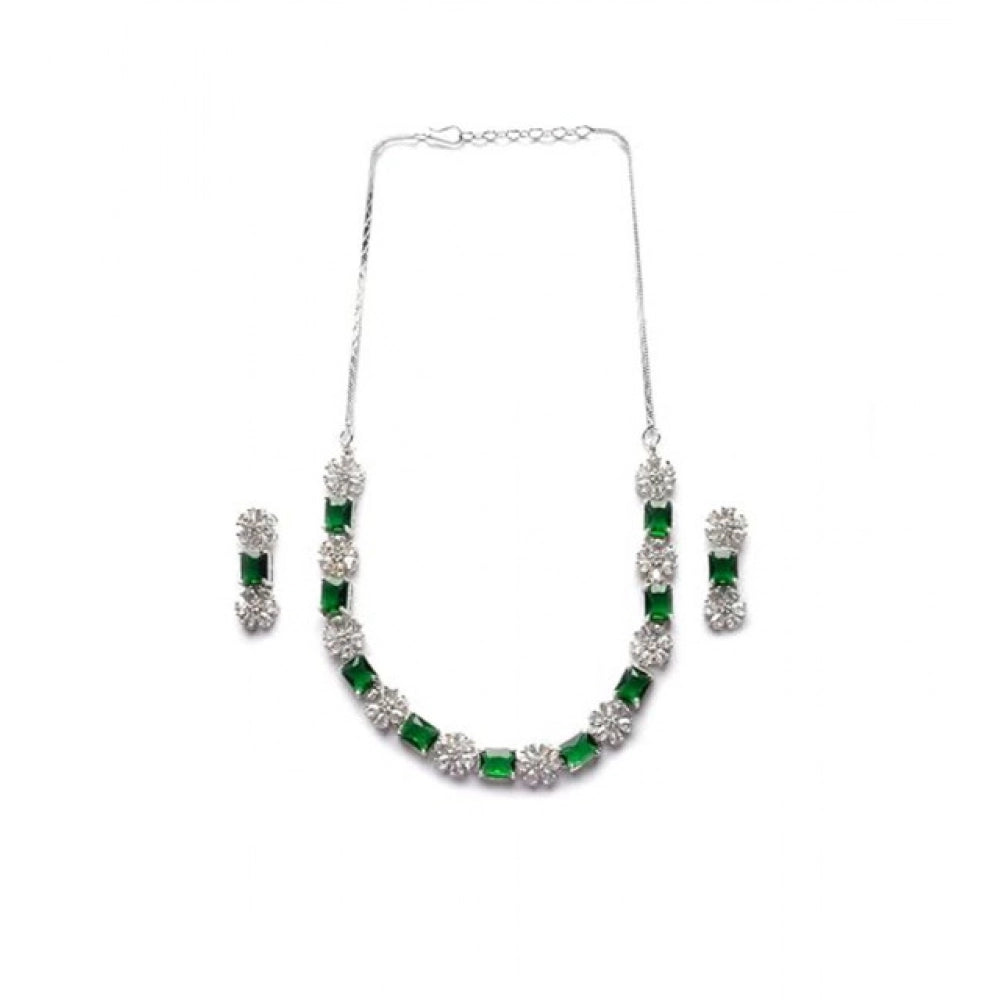 Brass Silver Plated Necklace set (Green) – Design 04