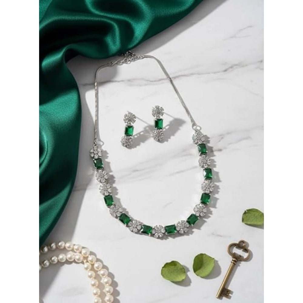 Brass Silver Plated Necklace set (Green) – Design 04
