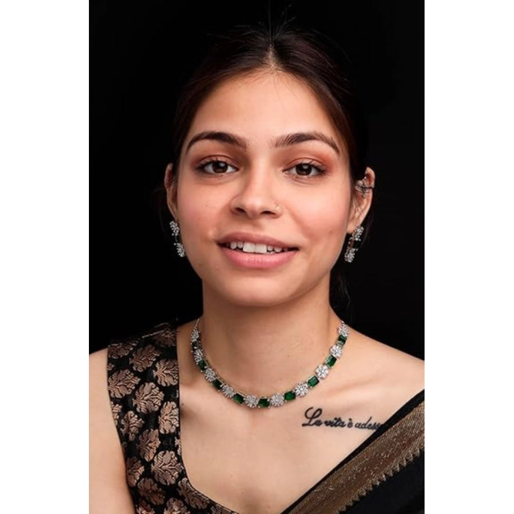 Brass Silver Plated Necklace set (Green) – Design 04