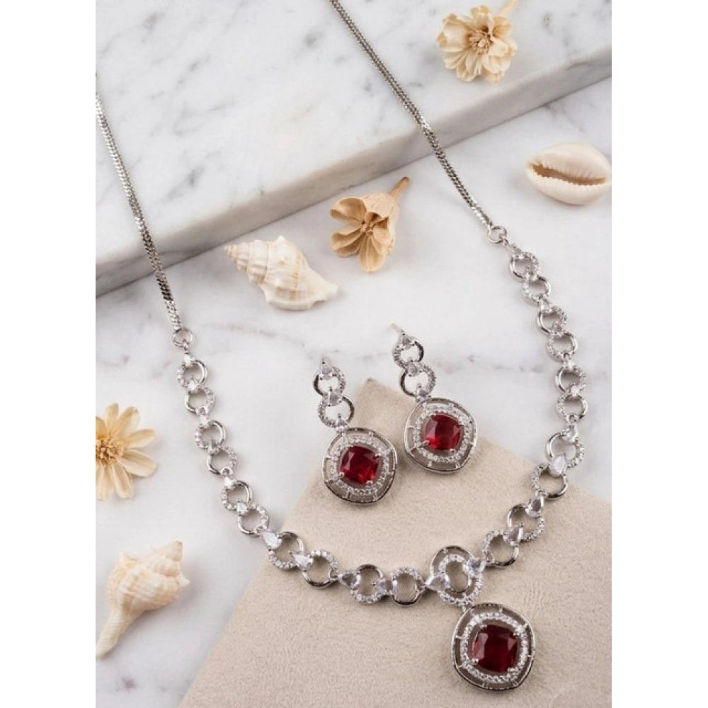 Brass Silver Plated Necklace set (Red) – Design 01