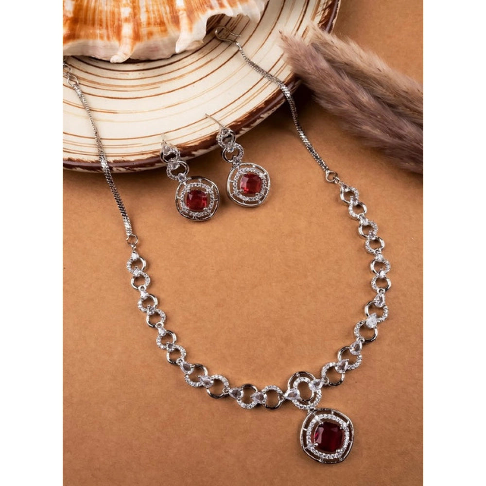 Brass Silver Plated Necklace set (Red) – Design 01