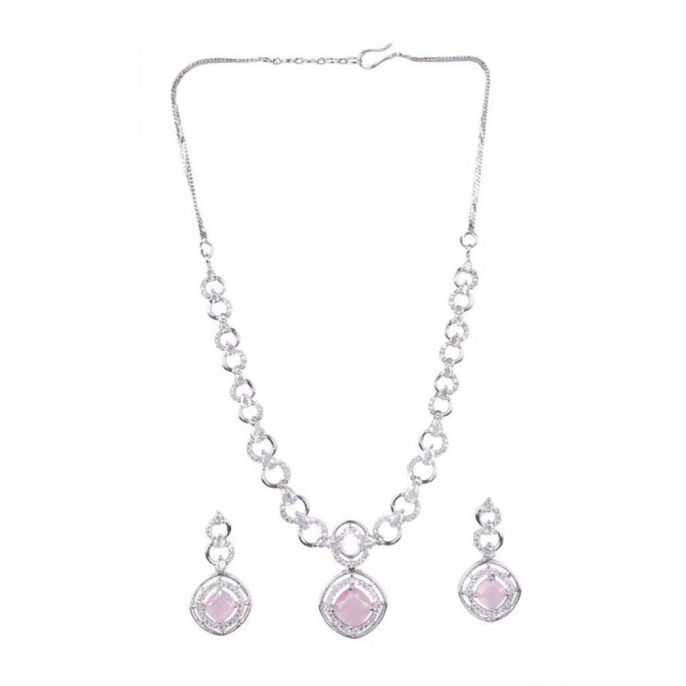 Brass Silver Plated Necklace set (Pink) – Design 04