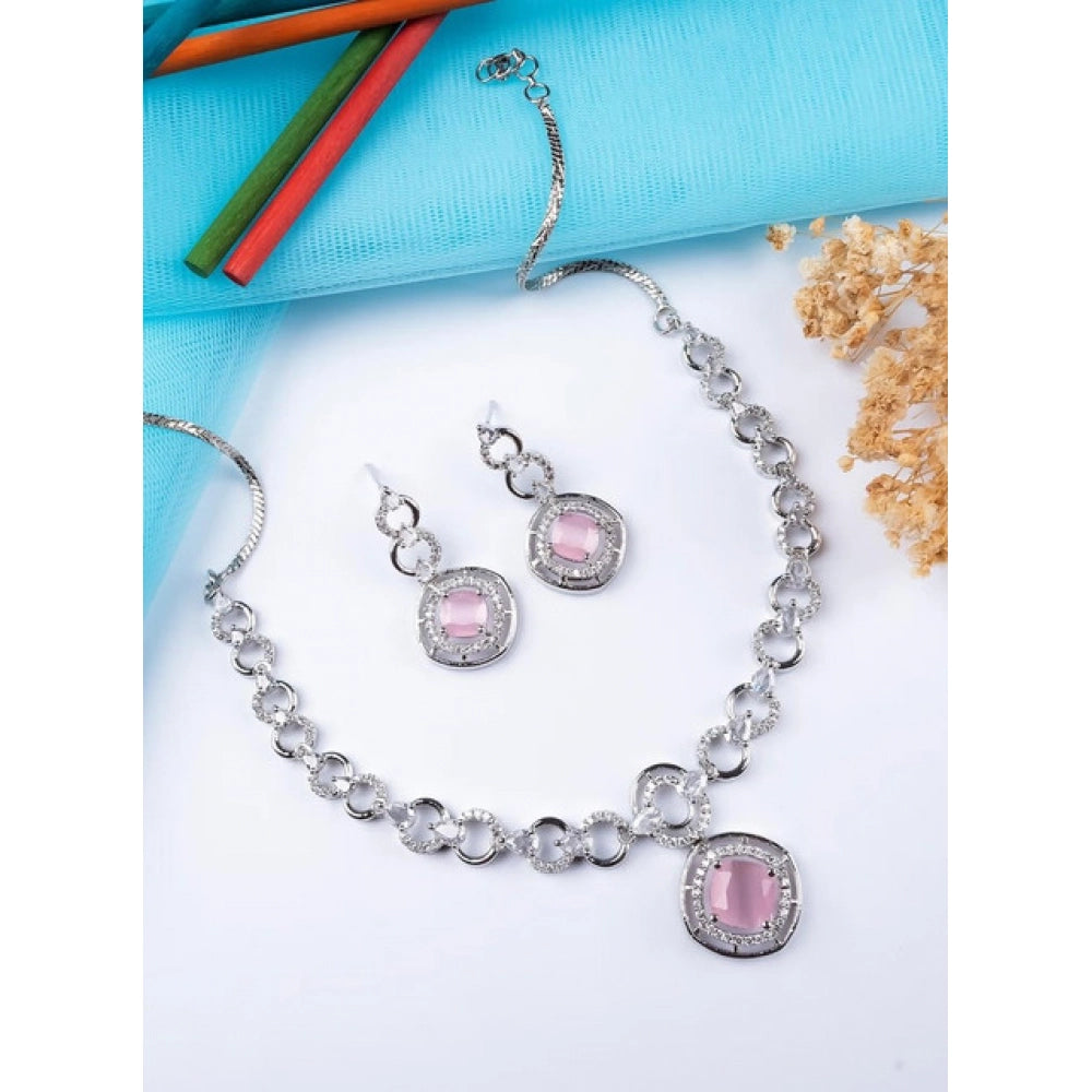 Brass Silver Plated Necklace set (Pink) – Design 04