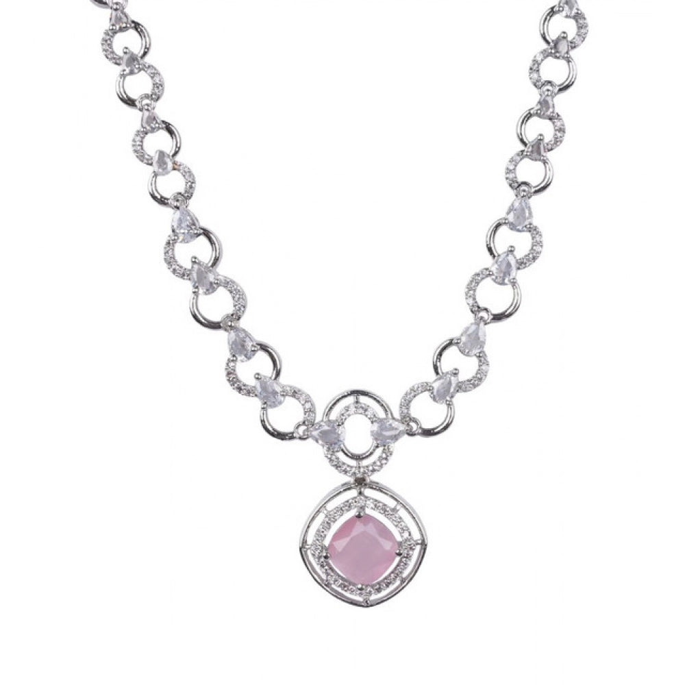 Brass Silver Plated Necklace set (Pink) – Design 04