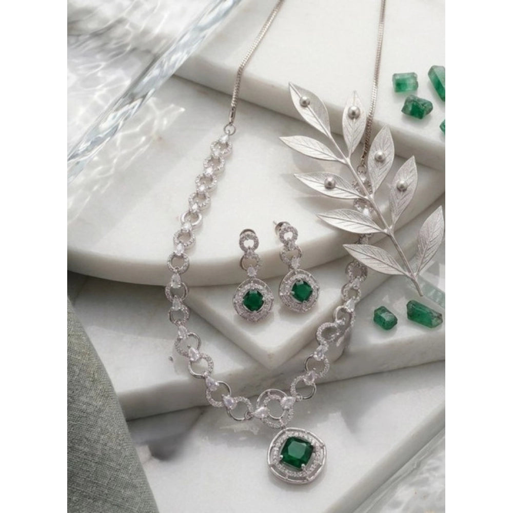 Brass Silver Plated Necklace set (Green) – Design 05