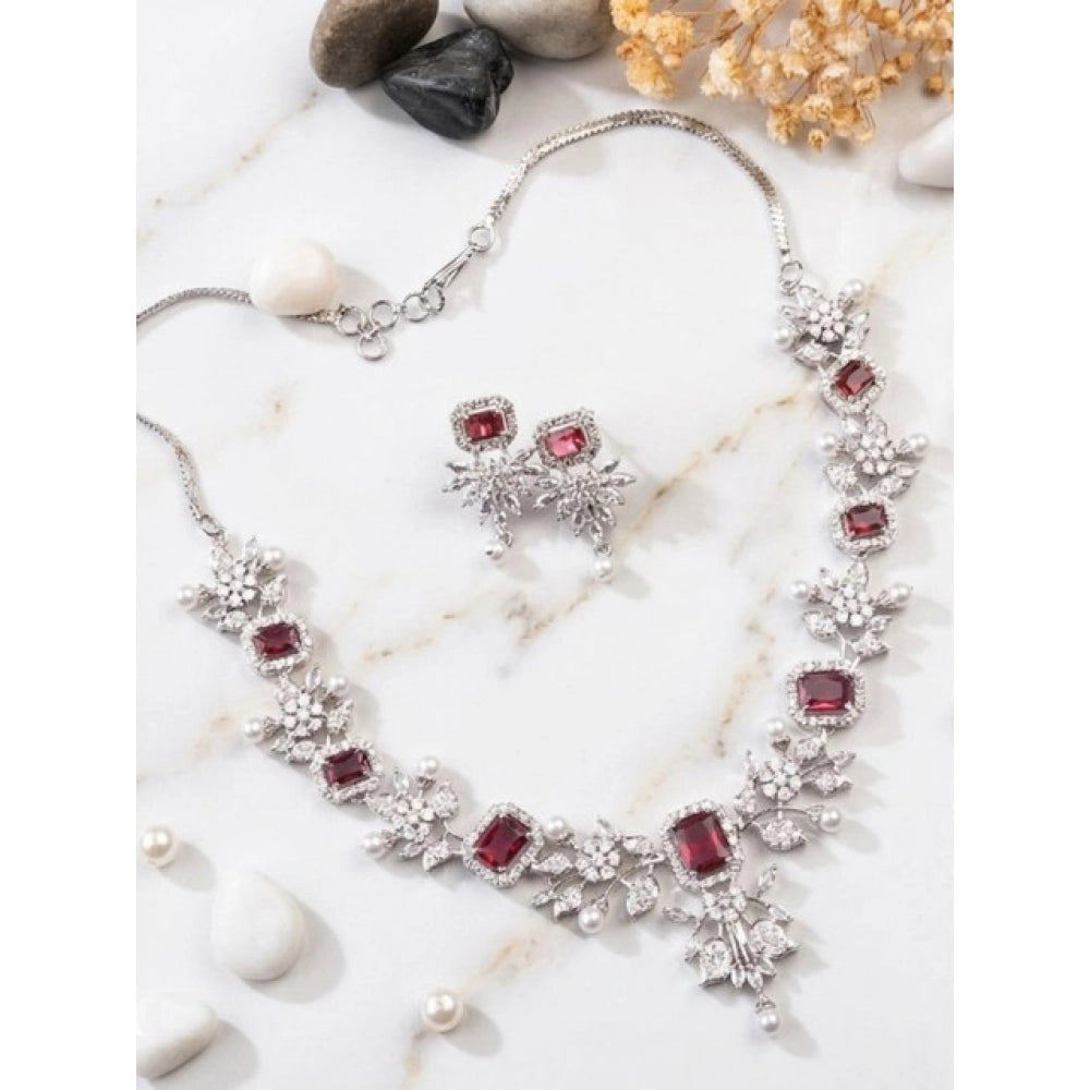 Brass Silver Plated Necklace set (Red) – Design 02