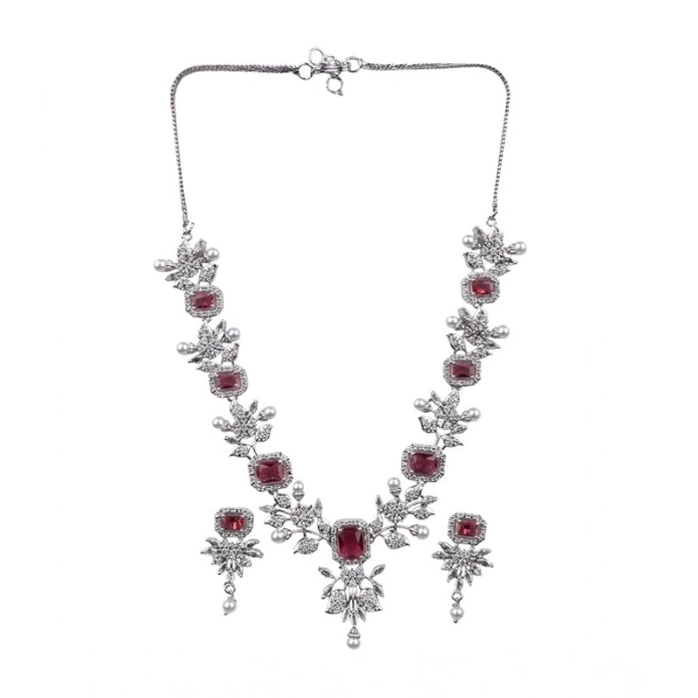 Brass Silver Plated Necklace set (Red) – Design 02