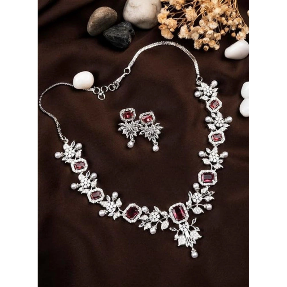 Brass Silver Plated Necklace set (Red) – Design 02