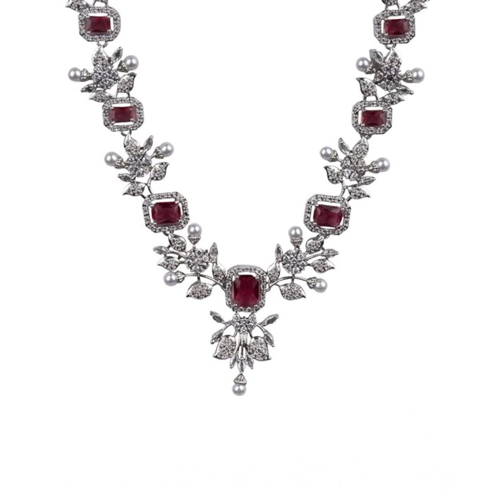 Brass Silver Plated Necklace set (Red) – Design 02