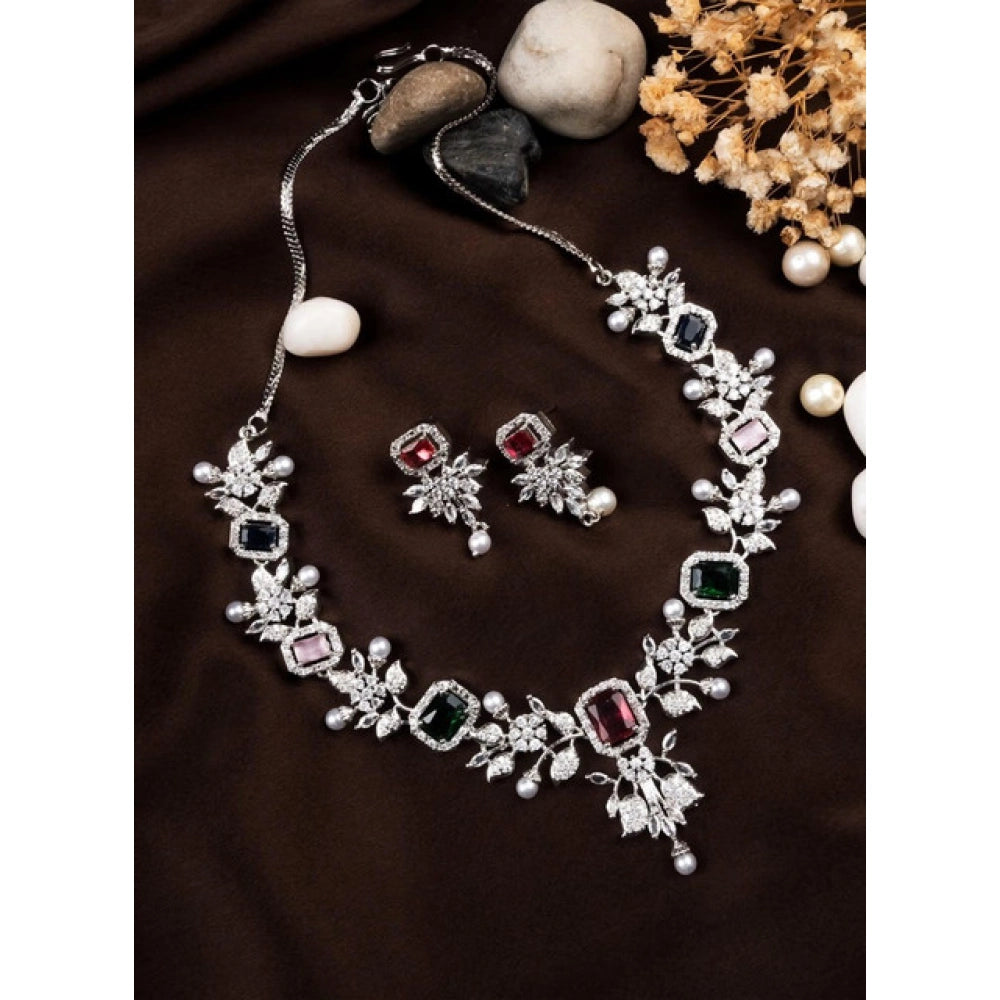 Brass Silver Plated Necklace set (Multicolor) – Design 01