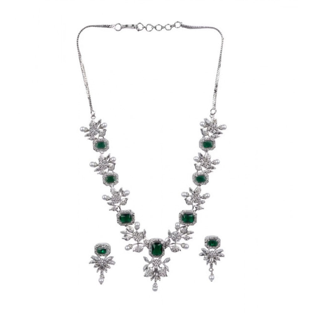Brass Silver Plated Necklace set (Green) – Design 06