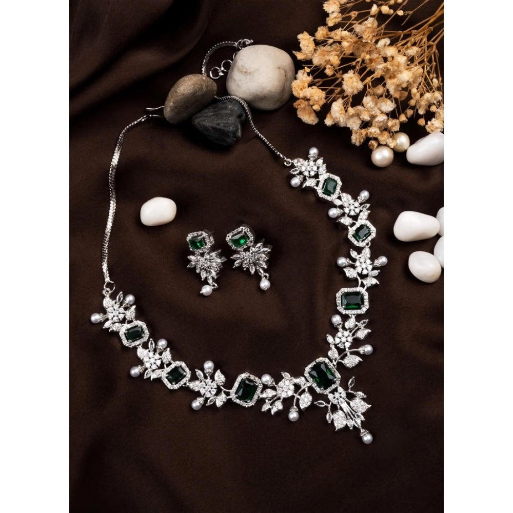 Brass Silver Plated Necklace set (Green) – Design 06