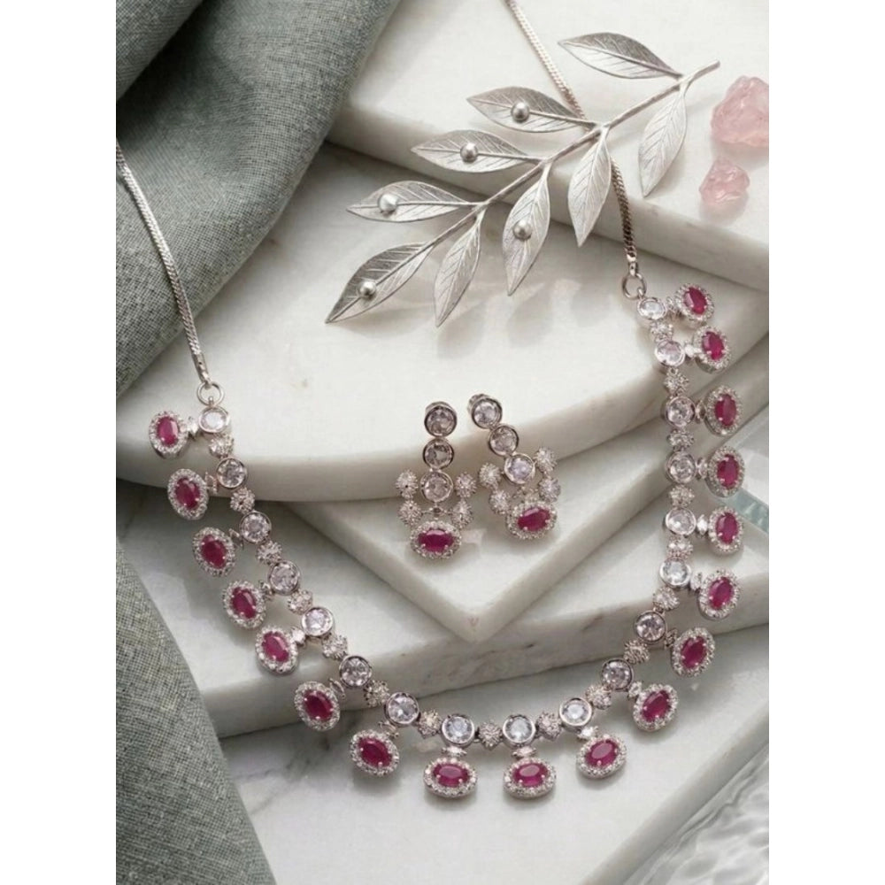 Brass Silver Plated Necklace set (Pink) – Design 05