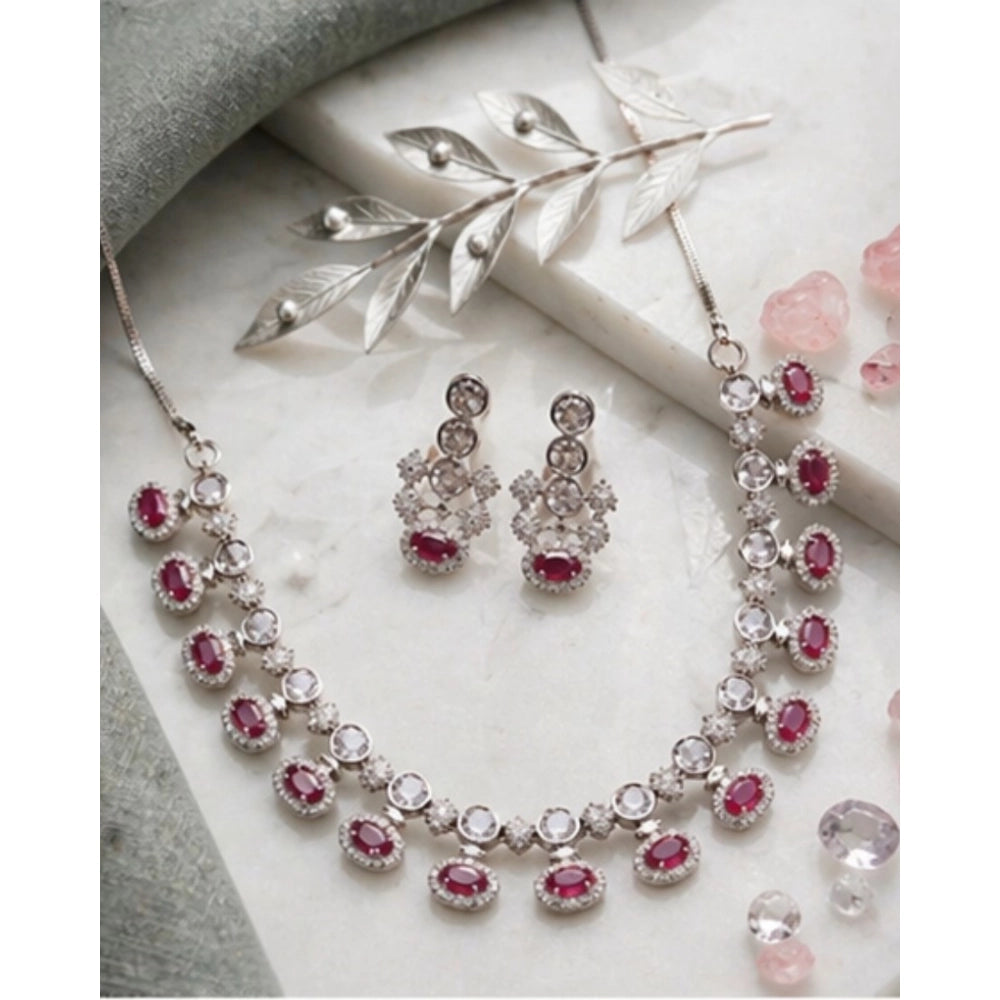 Brass Silver Plated Necklace set (Pink) – Design 05