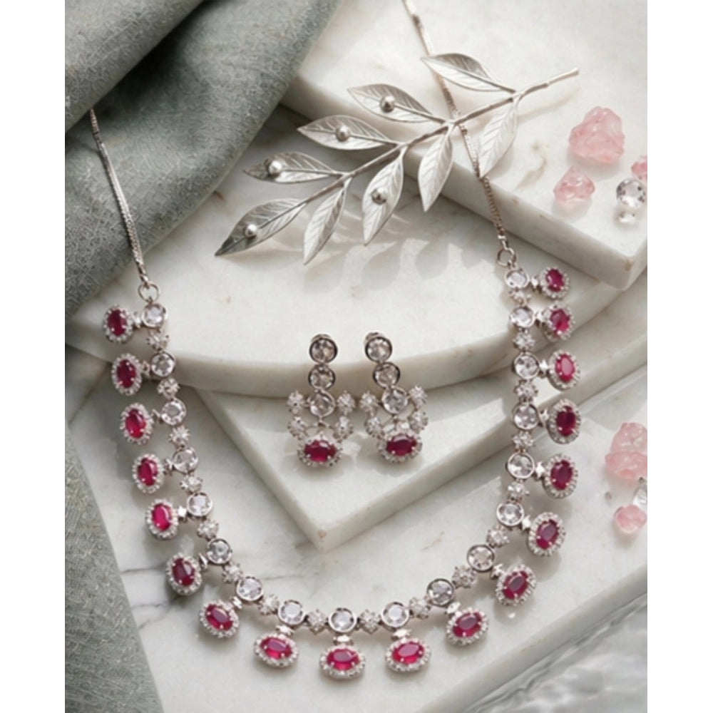 Brass Silver Plated Necklace set (Pink) – Design 05