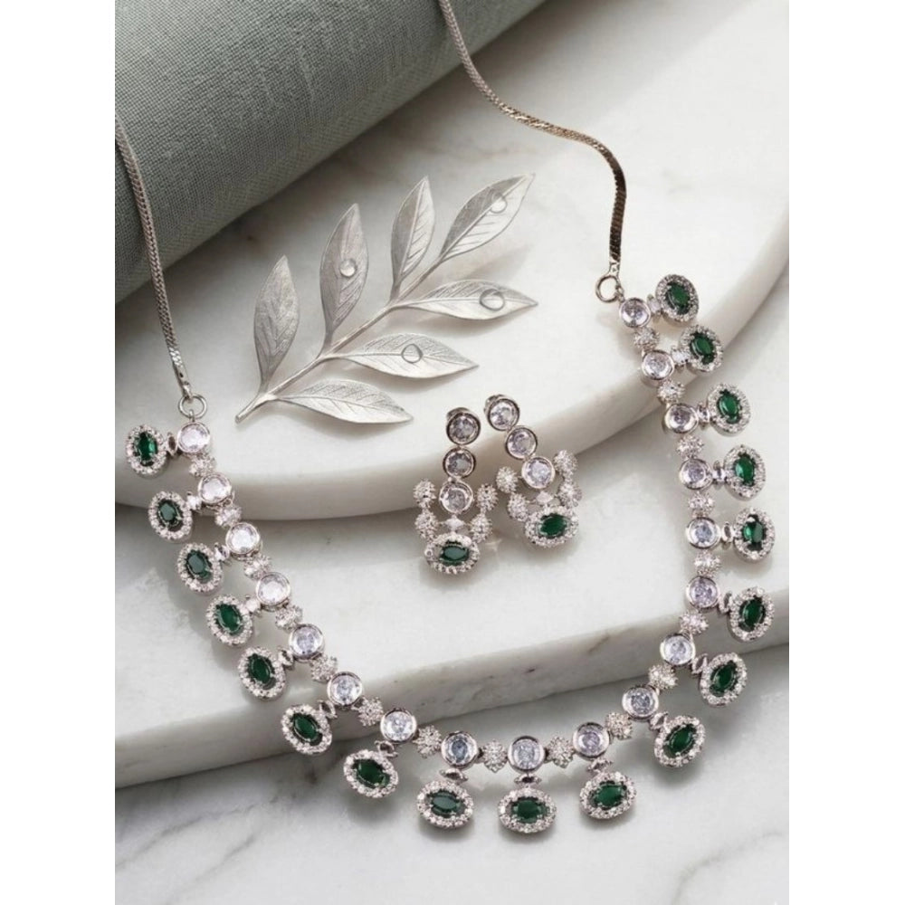 Brass Silver Plated Necklace set (Green) – Design 07
