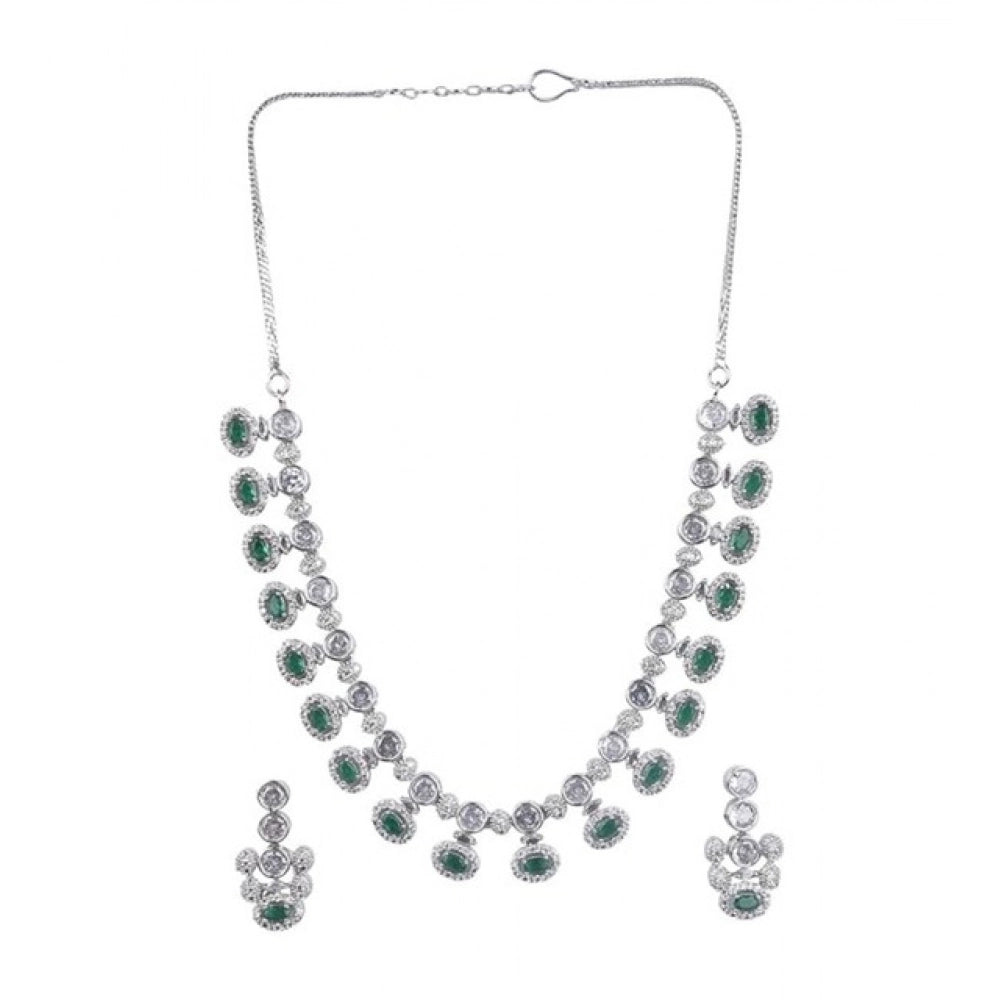 Brass Silver Plated Necklace set (Green) – Design 07