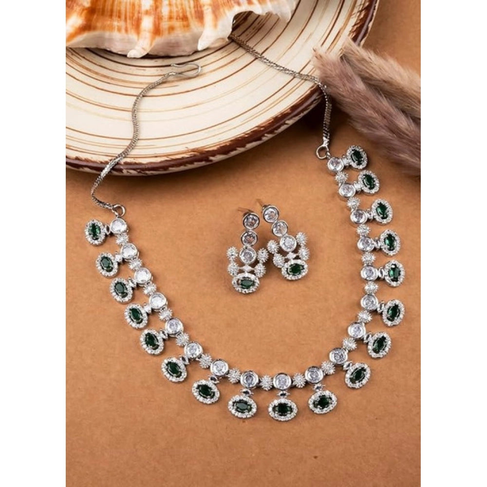 Brass Silver Plated Necklace set (Green) – Design 07