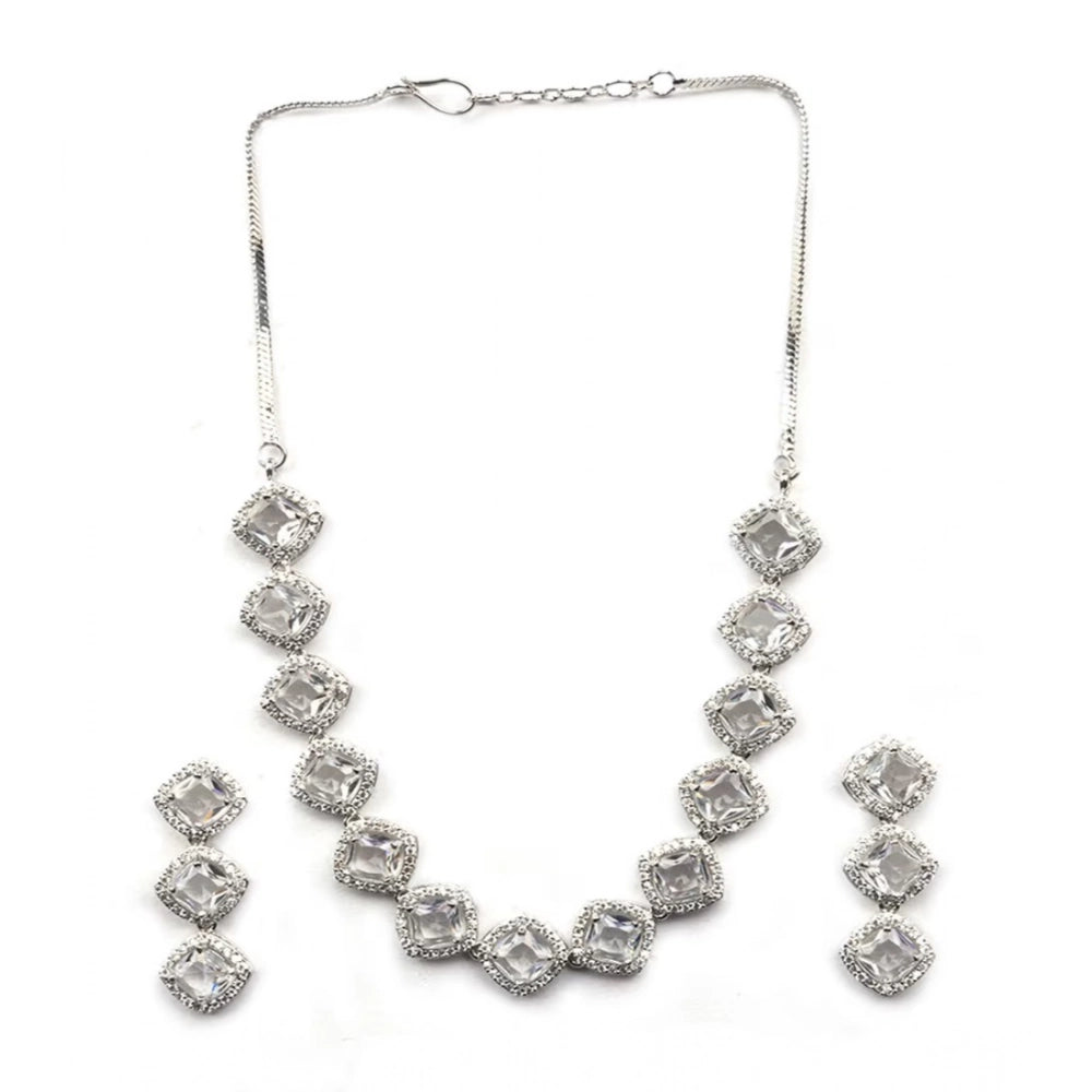 Brass Silver Plated Necklace set (White) – Design 02