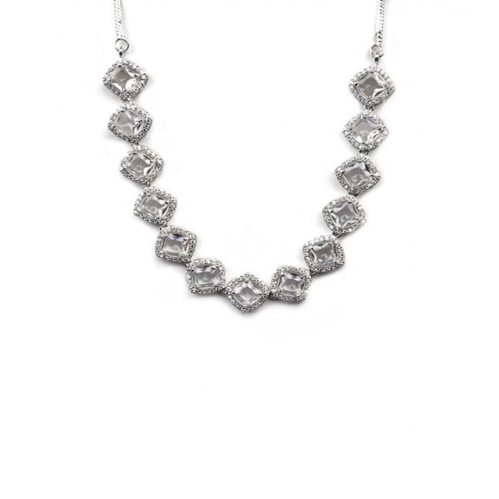 Brass Silver Plated Necklace set (White) – Design 02