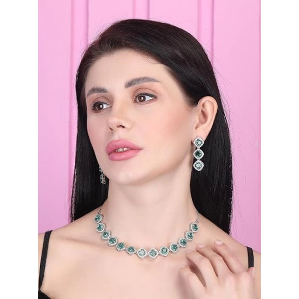Brass Silver Plated Necklace set (Green) – Design 08