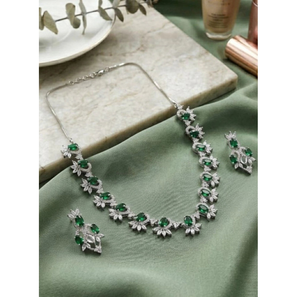 Brass Silver Plated Necklace set (Green) – Design 09