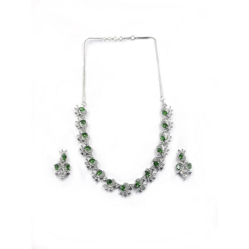 Brass Silver Plated Necklace set (Green) – Design 09