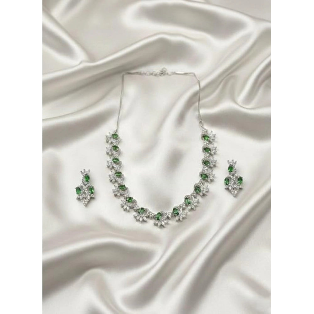 Brass Silver Plated Necklace set (Green) – Design 09
