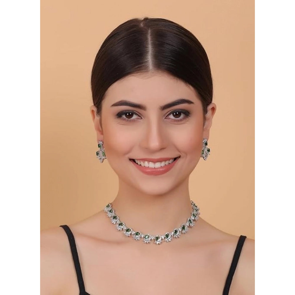 Brass Silver Plated Necklace set (Green) – Design 09