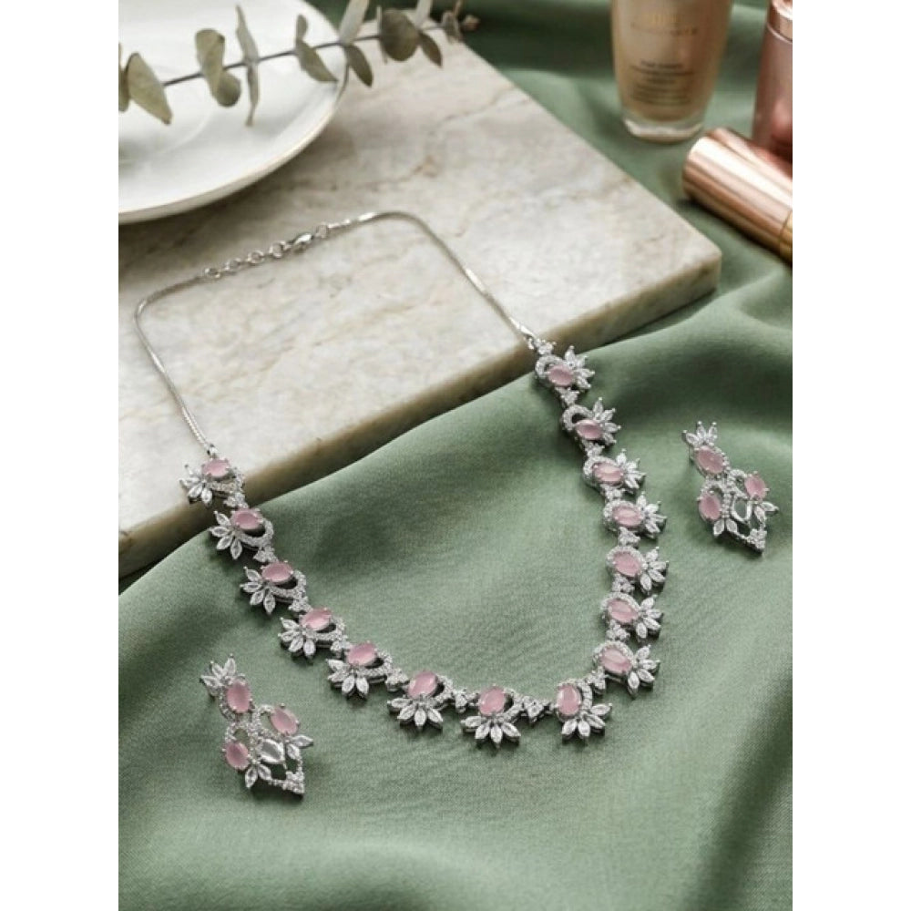 Brass Silver Plated Necklace set (Pink) – Design 06