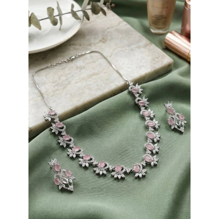 Brass Silver Plated Necklace set (Pink) – Design 06