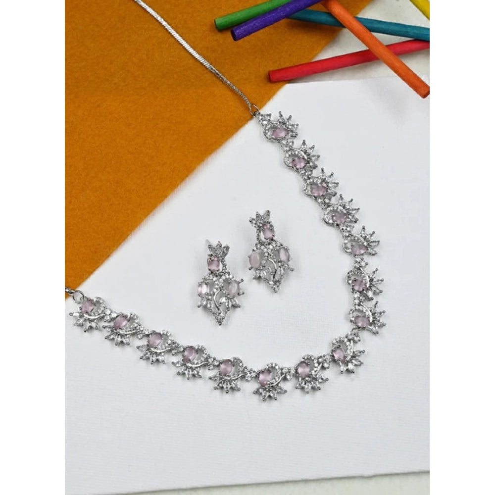 Brass Silver Plated Necklace set (Pink) – Design 06
