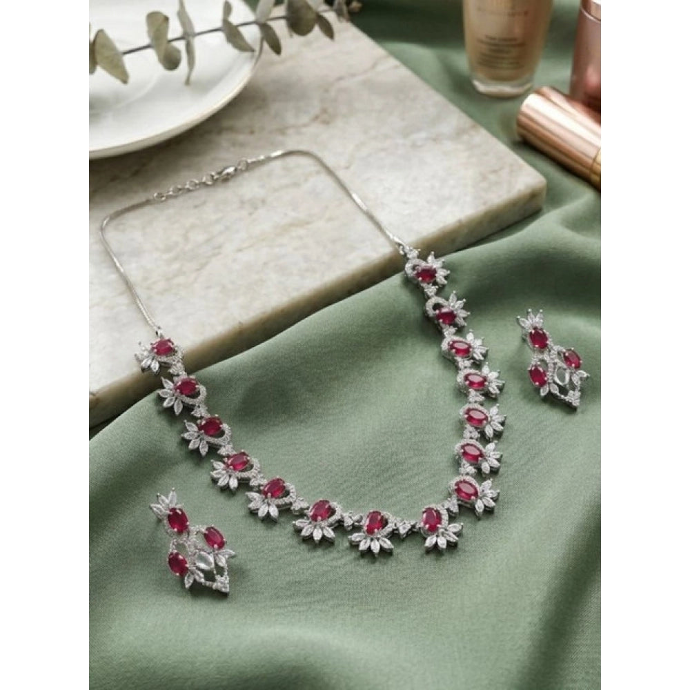 Brass Silver Plated Necklace set (Red) – Design 03
