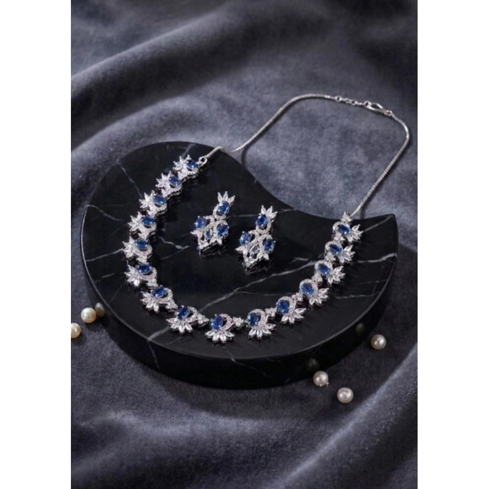 Brass Silver Plated Necklace set (Blue) – Design 04
