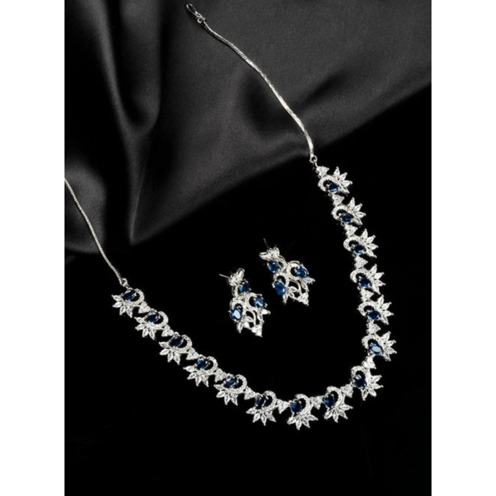 Brass Silver Plated Necklace set (Blue) – Design 04