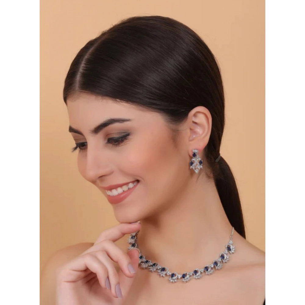 Brass Silver Plated Necklace set (Blue) – Design 04
