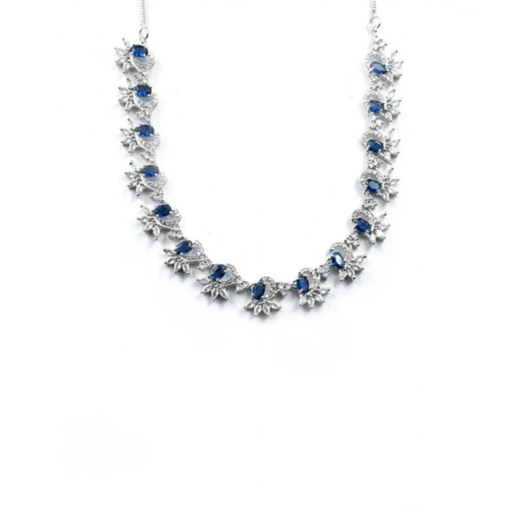 Brass Silver Plated Necklace set (Blue) – Design 04