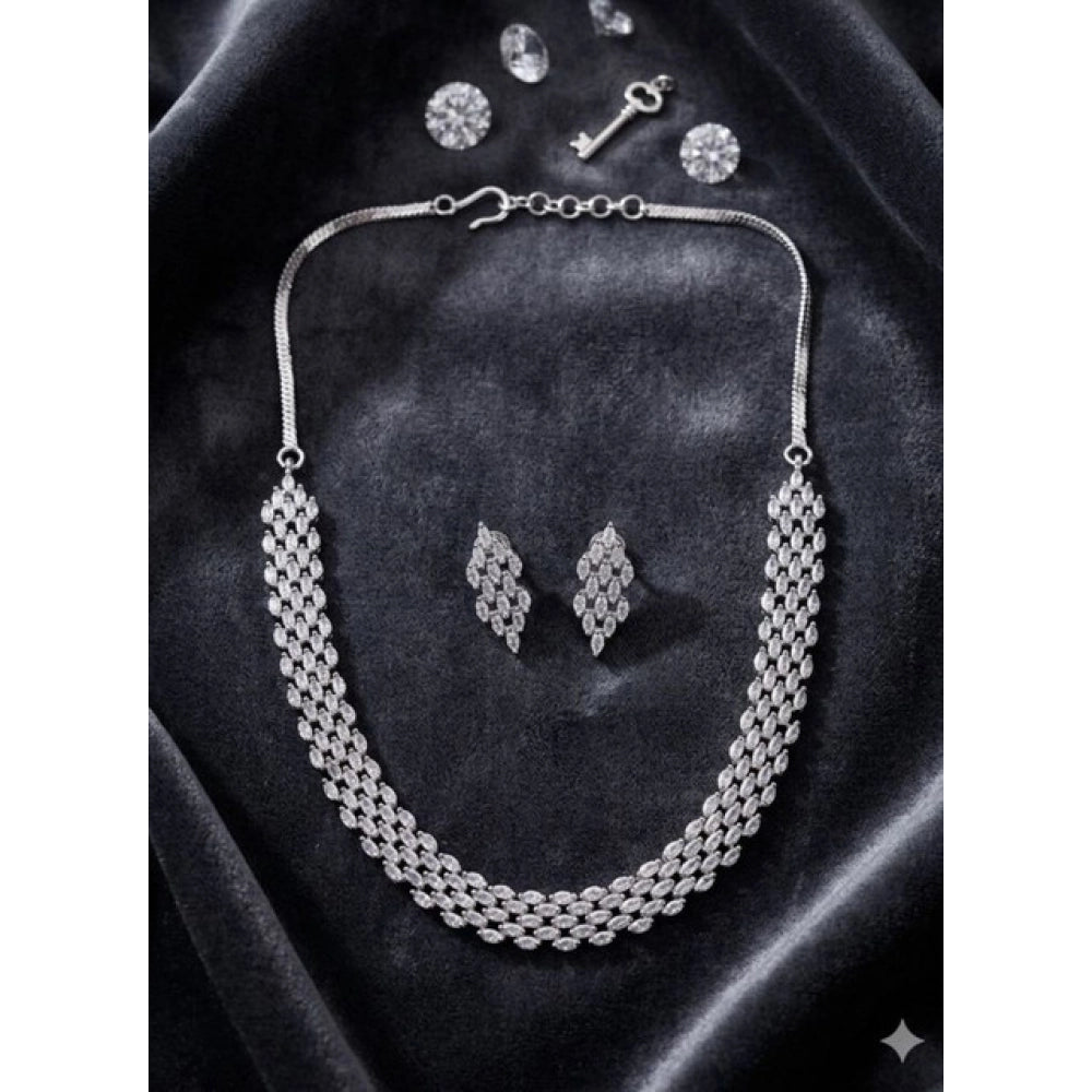 Brass Silver Plated Necklace set (Silver) – Design 05