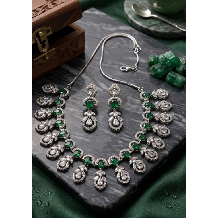 Brass Silver Plated Necklace set (Green) – Design 10