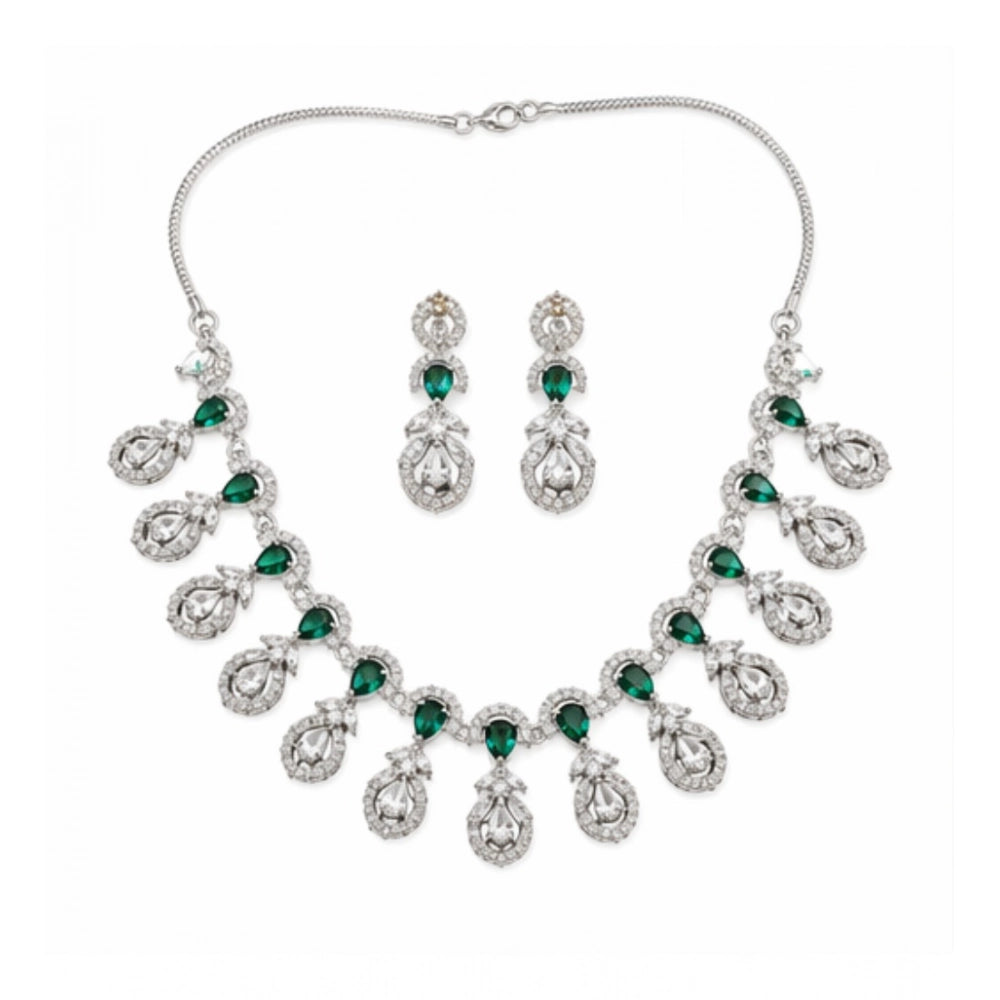 Brass Silver Plated Necklace set (Green) – Design 10