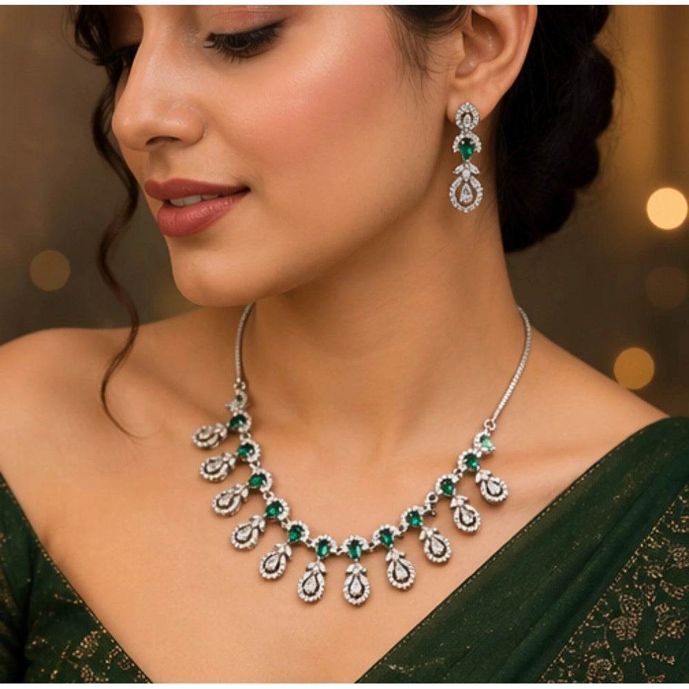 Brass Silver Plated Necklace set (Green) – Design 10