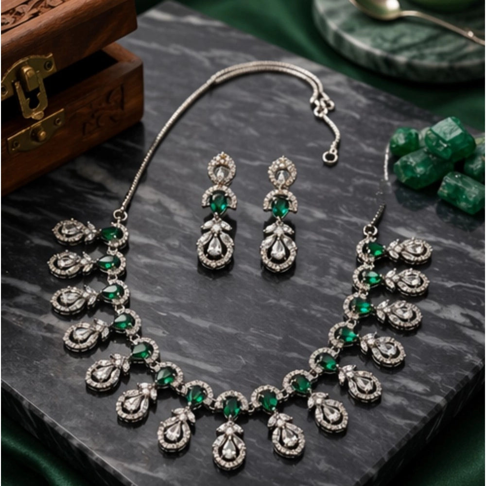 Brass Silver Plated Necklace set (Green) – Design 10