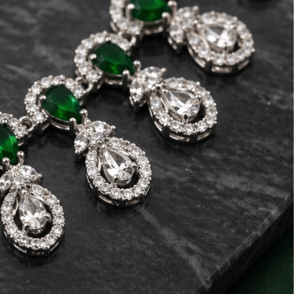 Brass Silver Plated Necklace set (Green) – Design 10