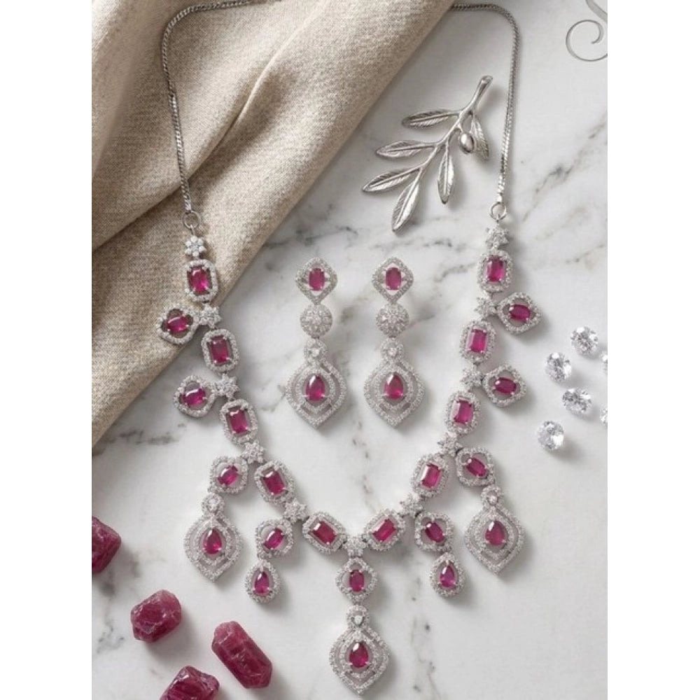 Brass Silver Plated Necklace set (Red) – Design 04