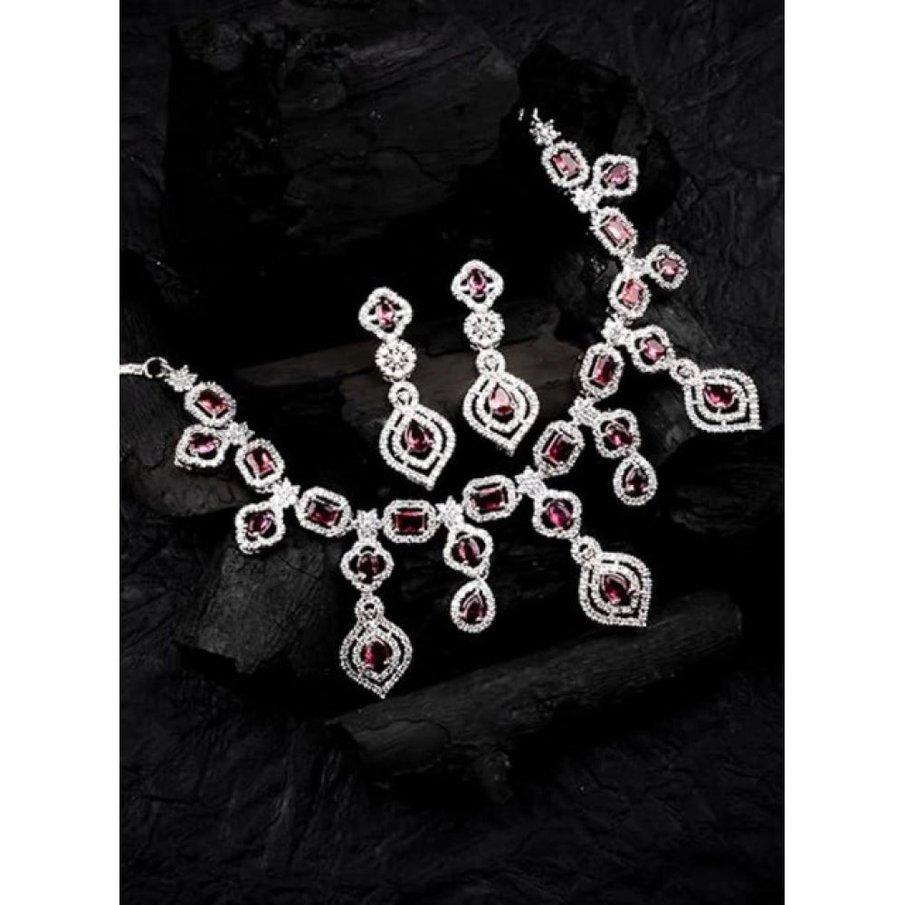 Brass Silver Plated Necklace set (Red) – Design 04