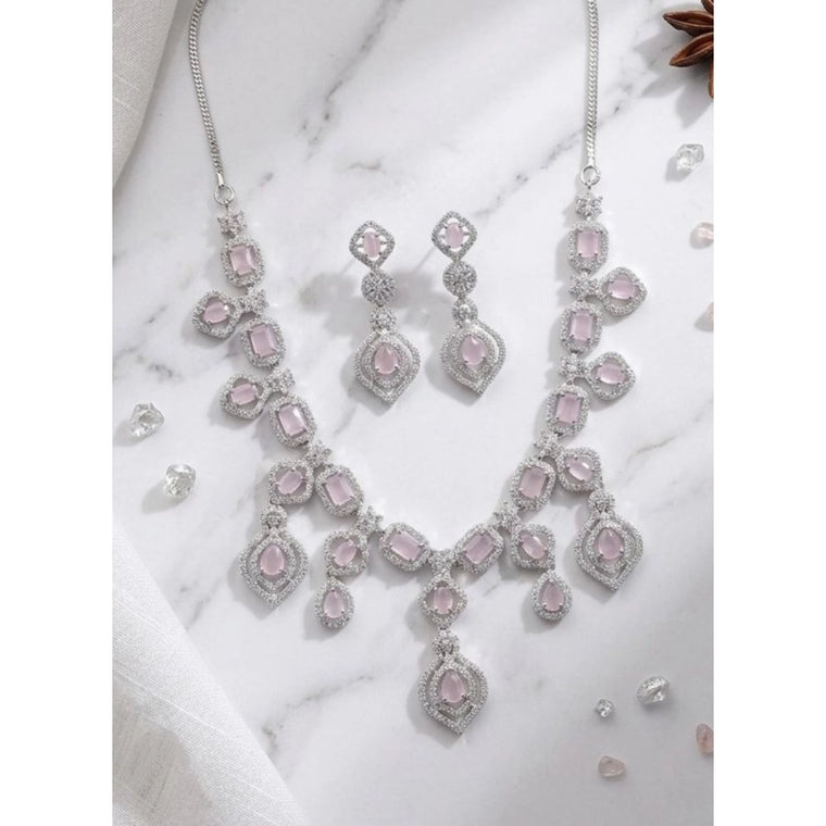 Brass Silver Plated Necklace set (Pink) – Design 07