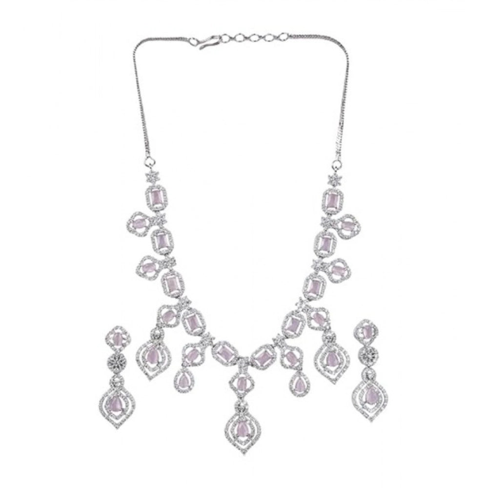 Brass Silver Plated Necklace set (Pink) – Design 07