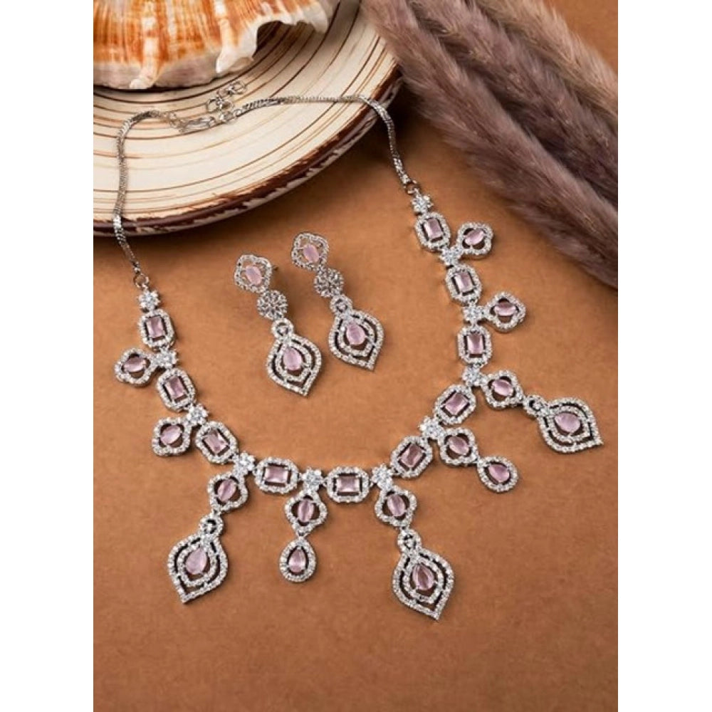 Brass Silver Plated Necklace set (Pink) – Design 07