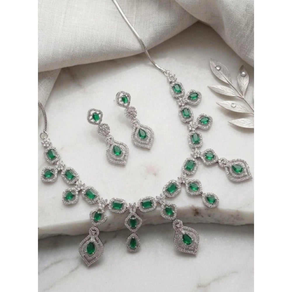 Brass Silver Plated Necklace set (Green) – Design 11