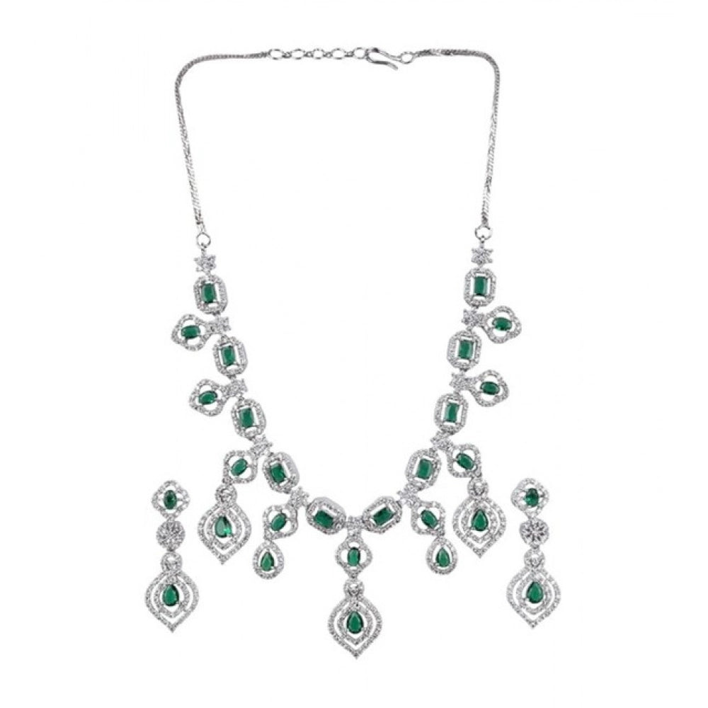 Brass Silver Plated Necklace set (Green) – Design 11